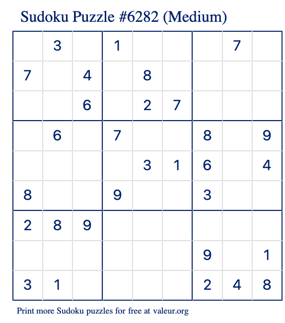 Free Printable Medium Sudoku Puzzle number 6282