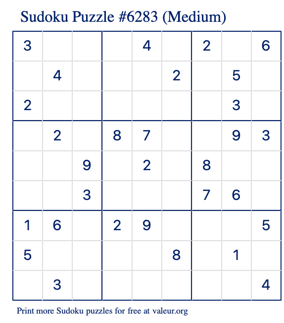 Free Printable Medium Sudoku Puzzle number 6283