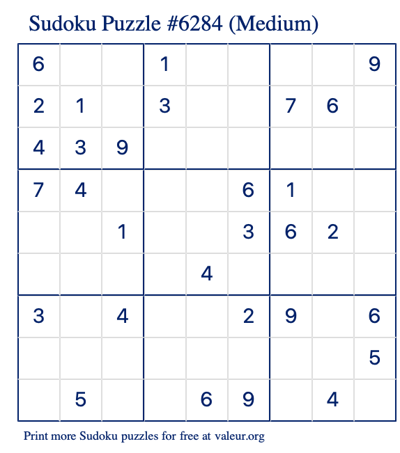 Free Printable Medium Sudoku Puzzle number 6284