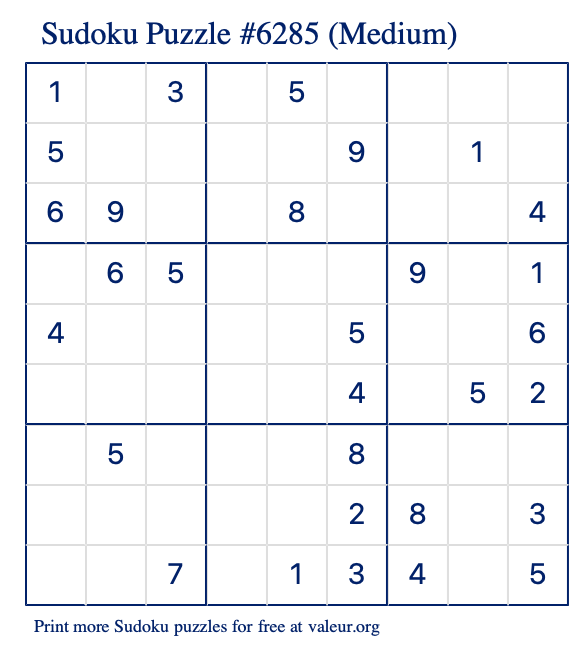 Free Printable Medium Sudoku Puzzle number 6285