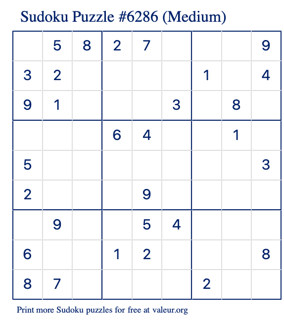 Free Printable Medium Sudoku Puzzle number 6286
