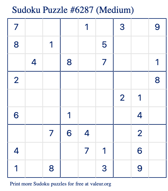 Free Printable Medium Sudoku Puzzle number 6287