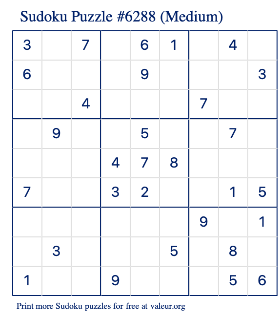 Free Printable Medium Sudoku Puzzle number 6288