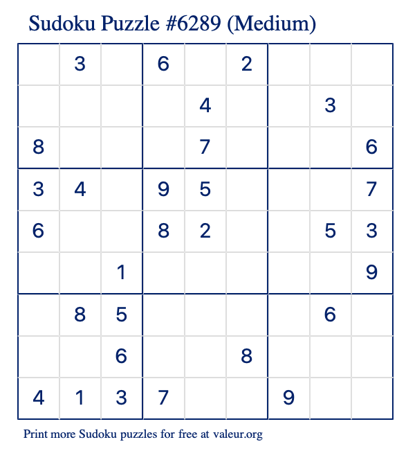 Free Printable Medium Sudoku Puzzle number 6289