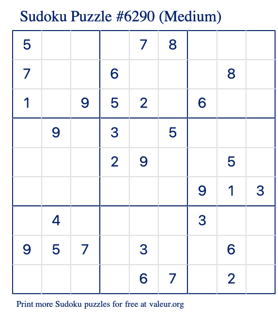 Free Printable Medium Sudoku Puzzle number 6290