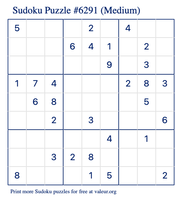 Free Printable Medium Sudoku Puzzle number 6291