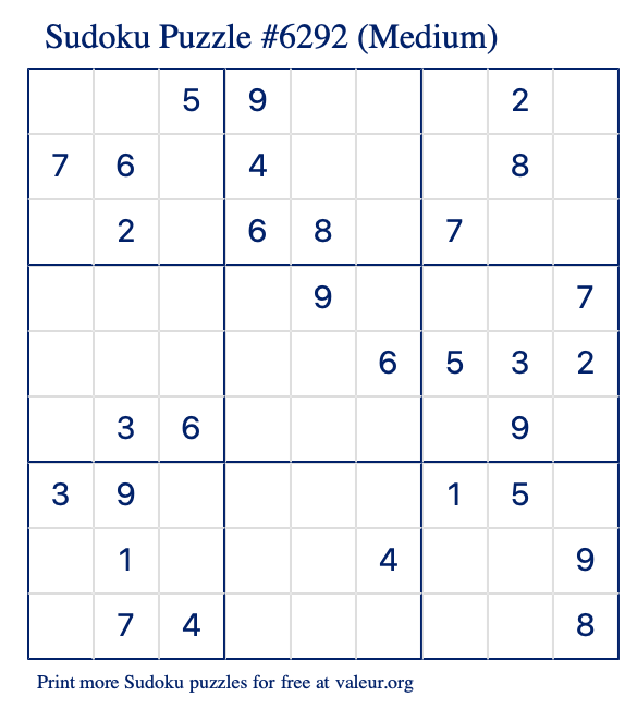 Free Printable Medium Sudoku Puzzle number 6292