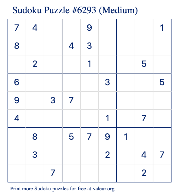 Free Printable Medium Sudoku Puzzle number 6293