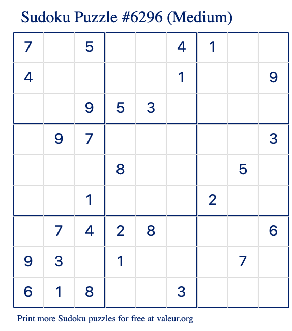 Free Printable Medium Sudoku Puzzle number 6296