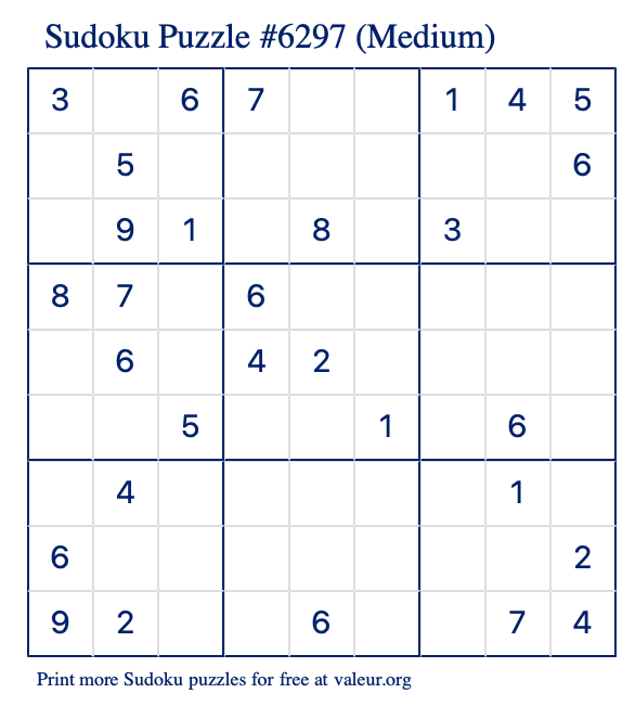 Free Printable Medium Sudoku Puzzle number 6297