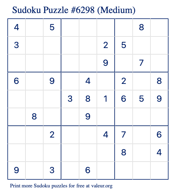 Free Printable Medium Sudoku Puzzle number 6298