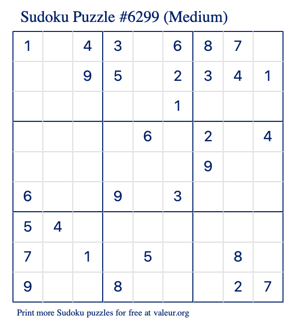 Free Printable Medium Sudoku Puzzle number 6299