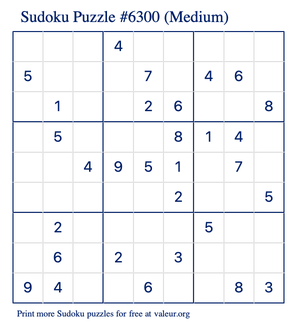 Free Printable Medium Sudoku Puzzle number 6300