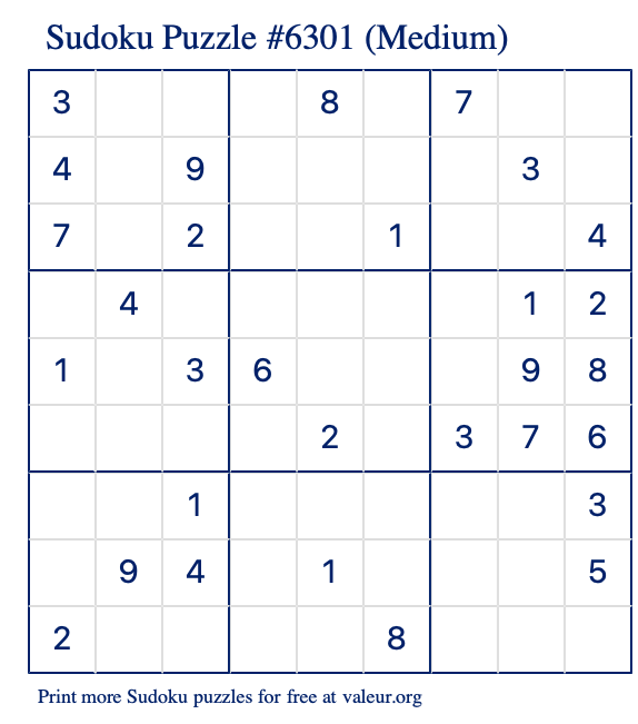 Free Printable Medium Sudoku Puzzle number 6301