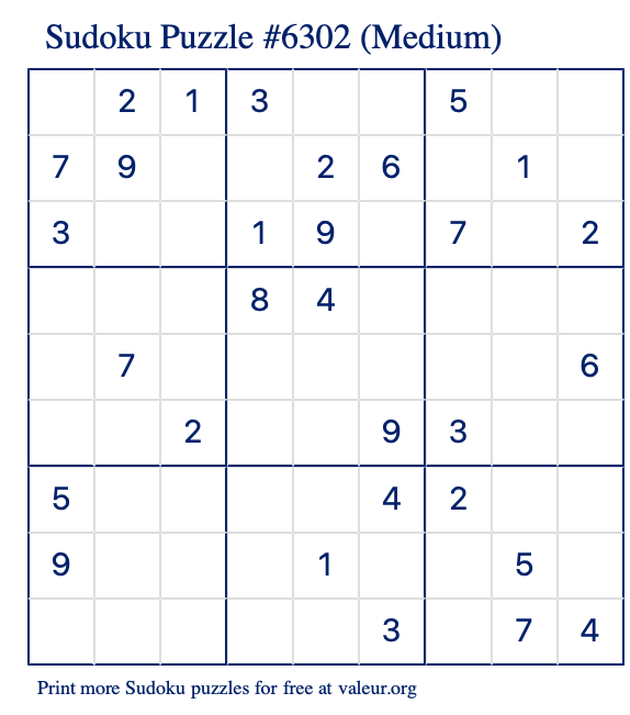 Free Printable Medium Sudoku Puzzle number 6302
