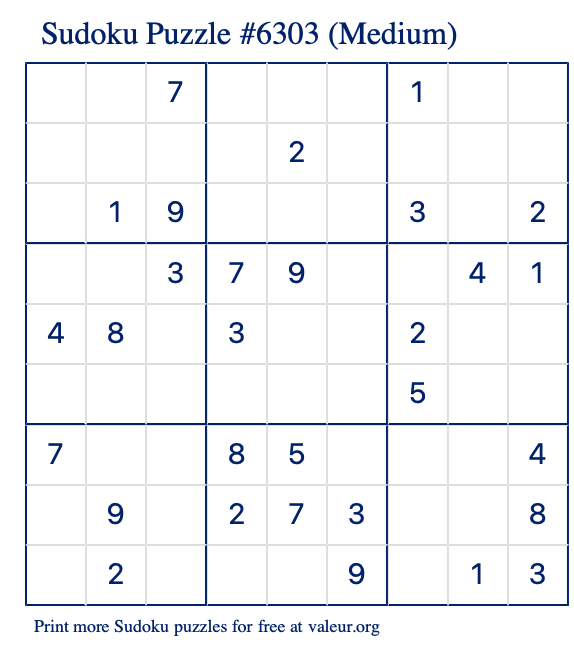 Free Printable Medium Sudoku Puzzle number 6303