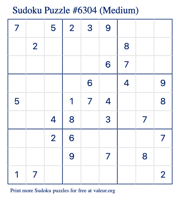 Free Printable Medium Sudoku Puzzle number 6304