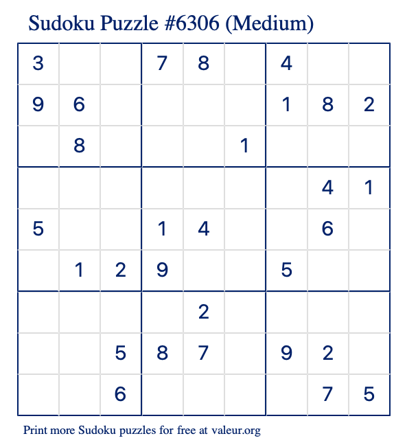 Free Printable Medium Sudoku Puzzle number 6306