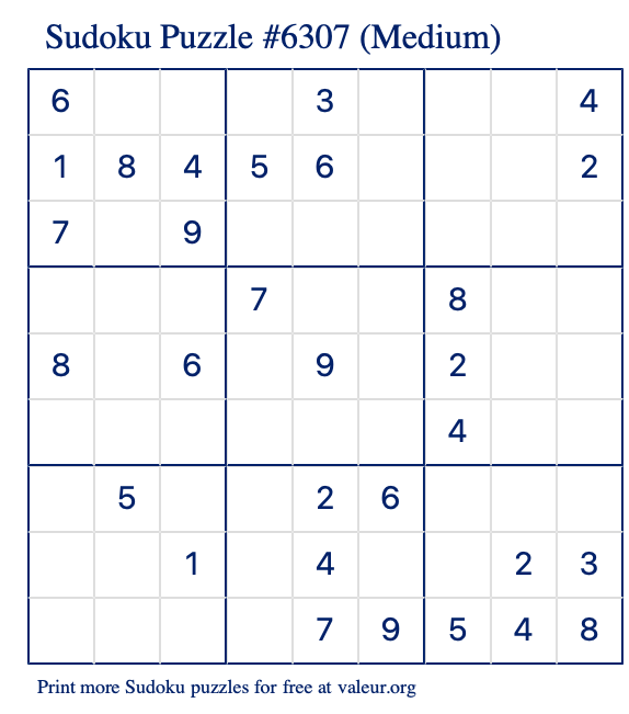 Free Printable Medium Sudoku Puzzle number 6307