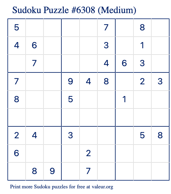 Free Printable Medium Sudoku Puzzle number 6308