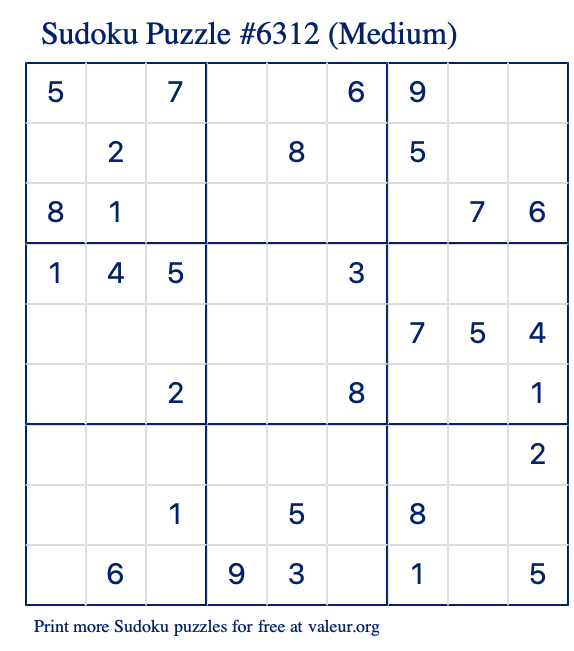 Free Printable Medium Sudoku Puzzle number 6312