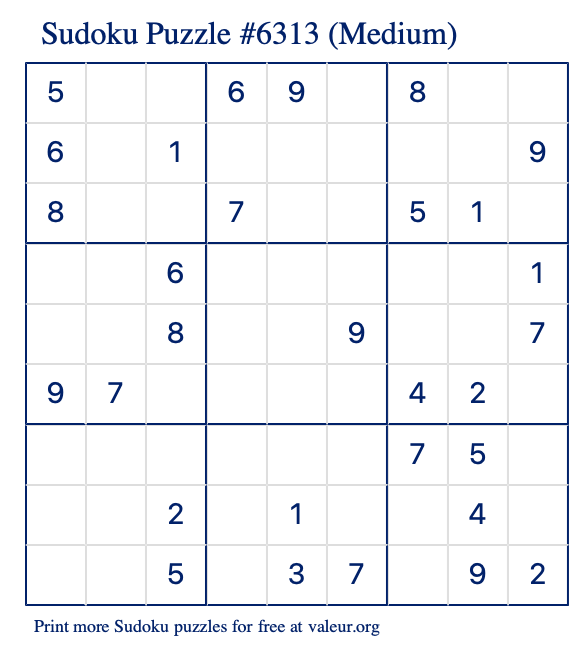 Free Printable Medium Sudoku Puzzle number 6313