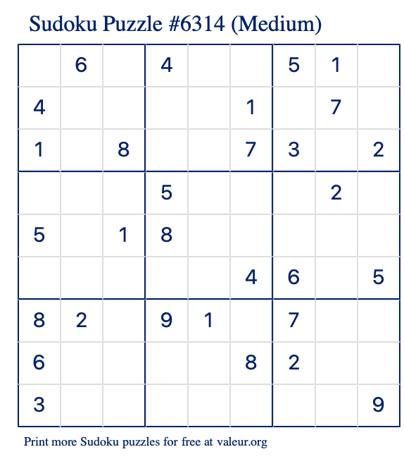 Free Printable Medium Sudoku Puzzle number 6314