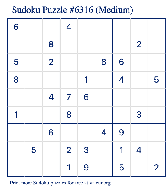 Free Printable Medium Sudoku Puzzle number 6316