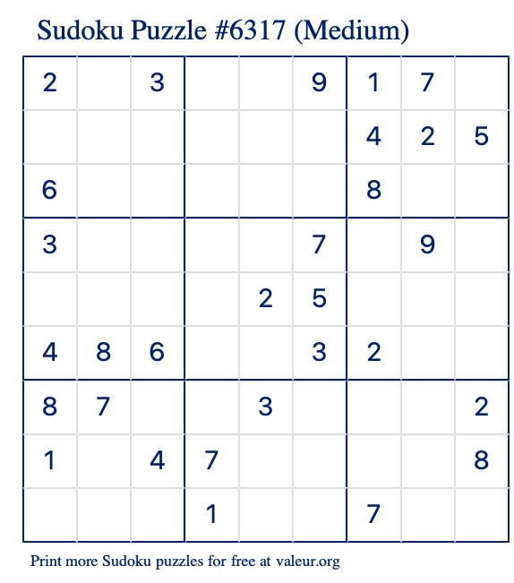 Free Printable Medium Sudoku Puzzle number 6317
