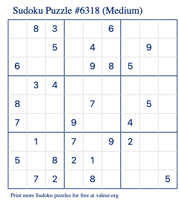 Free Printable Medium Sudoku Puzzle number 6318