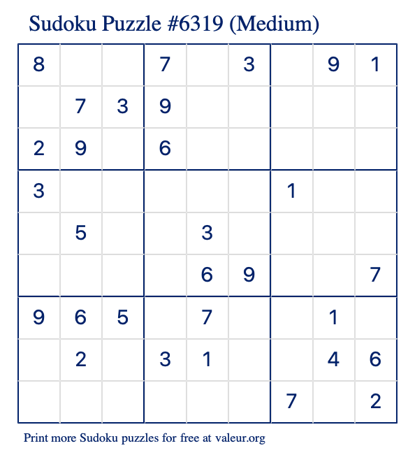 Free Printable Medium Sudoku Puzzle number 6319