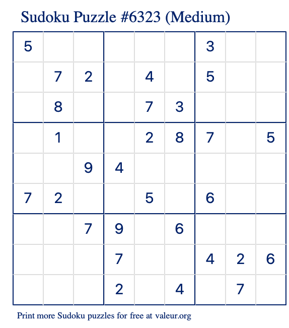 Free Printable Medium Sudoku Puzzle number 6323