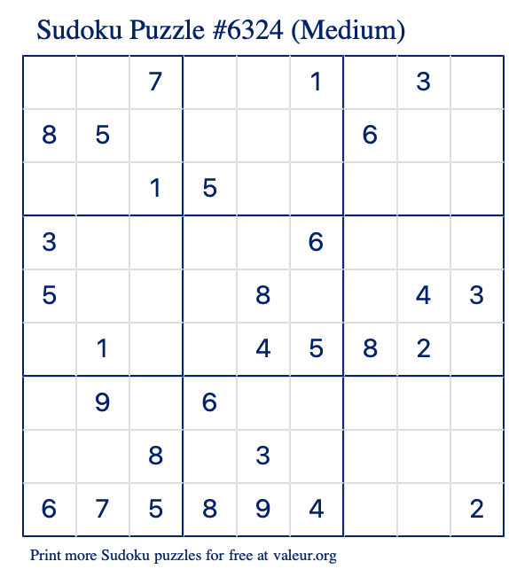 Free Printable Medium Sudoku Puzzle number 6324