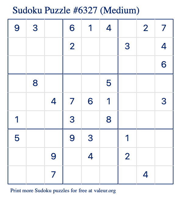 Free Printable Medium Sudoku Puzzle number 6327