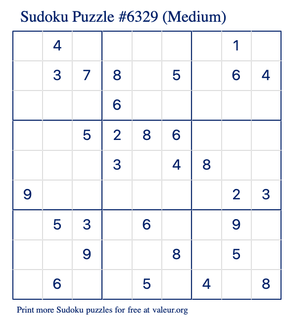 Free Printable Medium Sudoku Puzzle number 6329