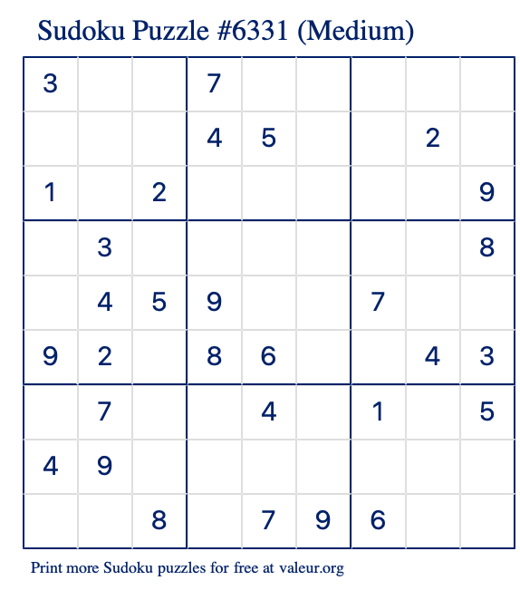 Free Printable Medium Sudoku Puzzle number 6331