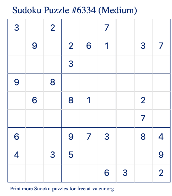 Free Printable Medium Sudoku Puzzle number 6334