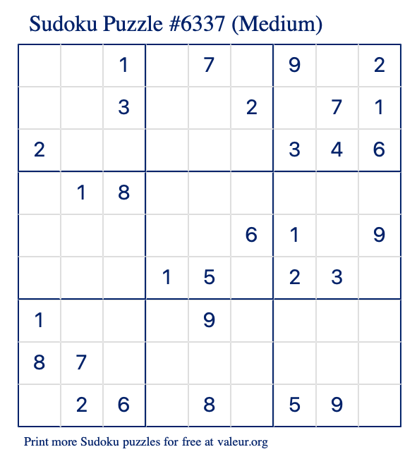 Free Printable Medium Sudoku Puzzle number 6337