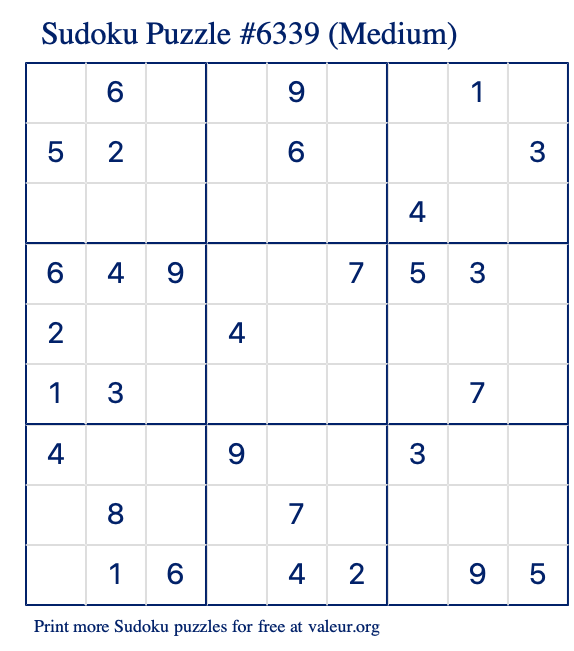 Free Printable Medium Sudoku Puzzle number 6339