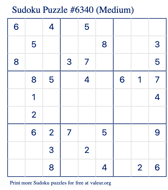 Free Printable Medium Sudoku Puzzle number 6340