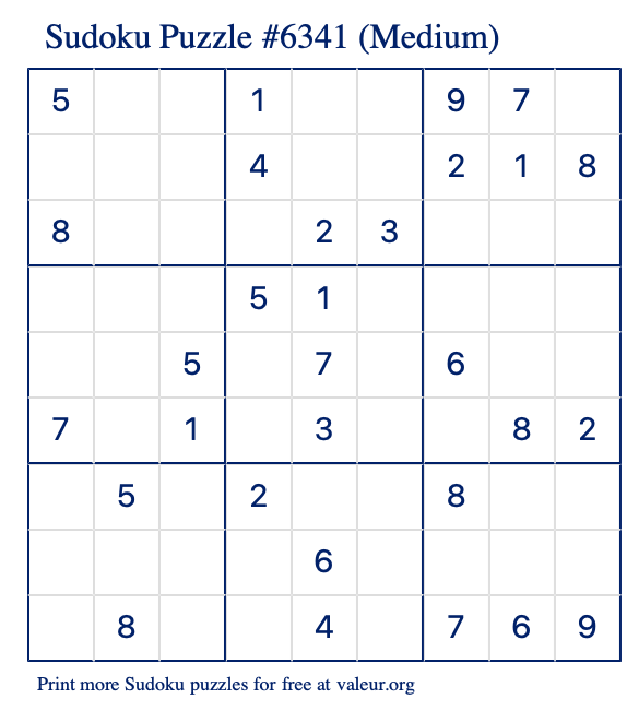 Free Printable Medium Sudoku Puzzle number 6341