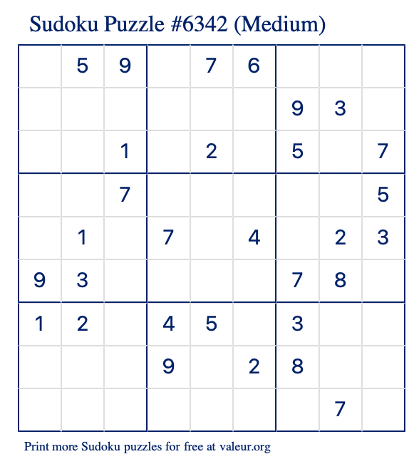 Free Printable Medium Sudoku Puzzle number 6342