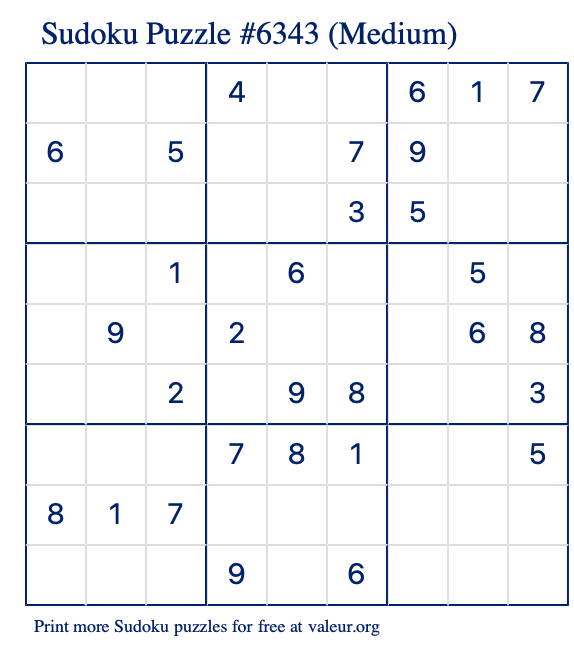 Free Printable Medium Sudoku Puzzle number 6343