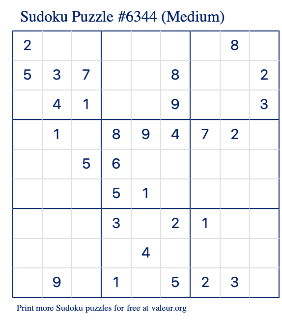 Free Printable Medium Sudoku Puzzle number 6344