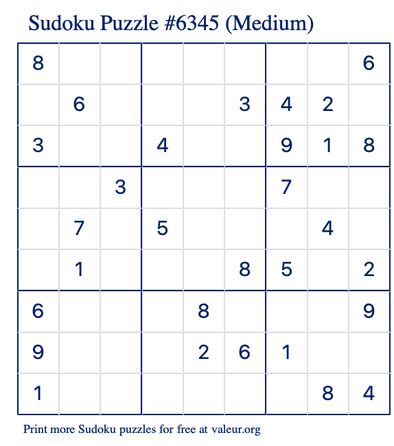 Free Printable Medium Sudoku Puzzle number 6345
