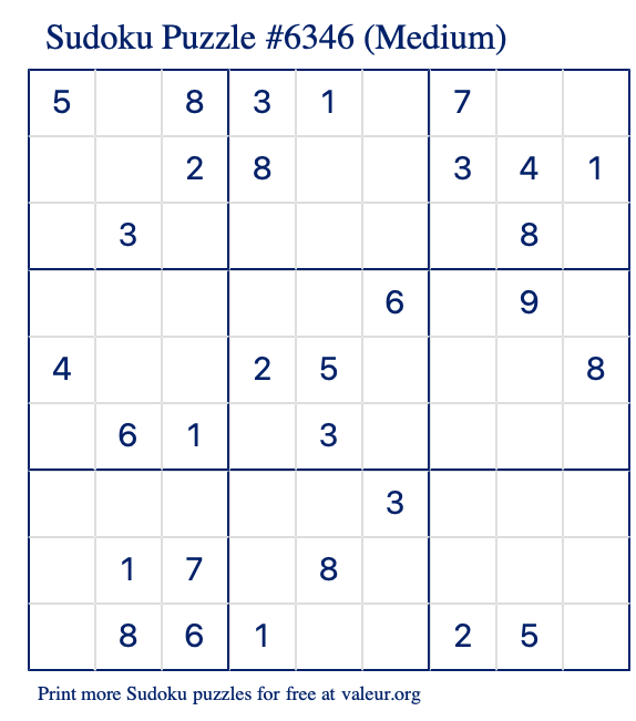 Free Printable Medium Sudoku Puzzle number 6346