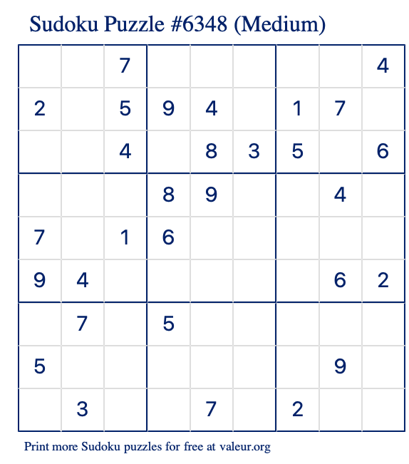 Free Printable Medium Sudoku Puzzle number 6348