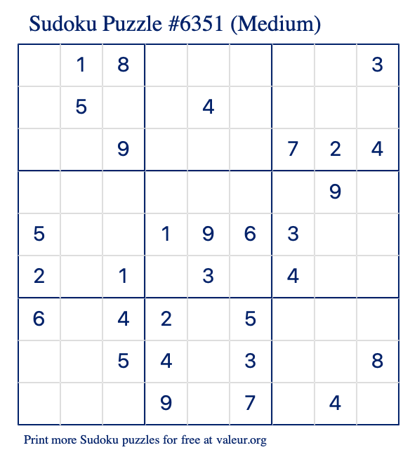 Free Printable Medium Sudoku Puzzle number 6351