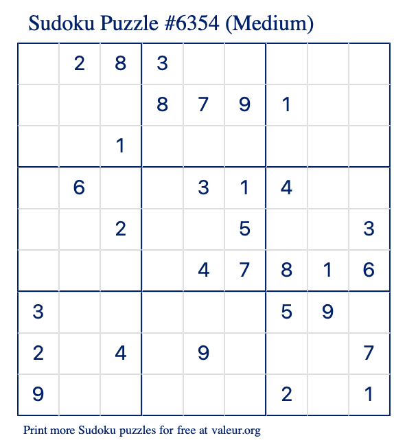 Free Printable Medium Sudoku Puzzle number 6354
