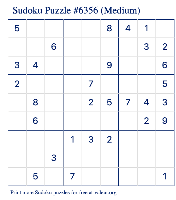 Free Printable Medium Sudoku Puzzle number 6356